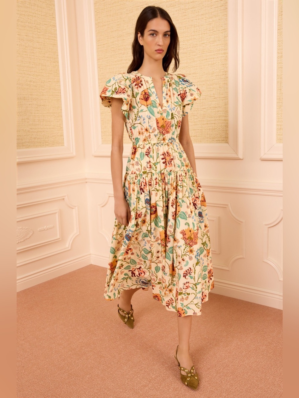 New ULLA JOHNSON Marin Cotton Floral Multicolor Pleated Ruffle-Sleeve Midi Dress